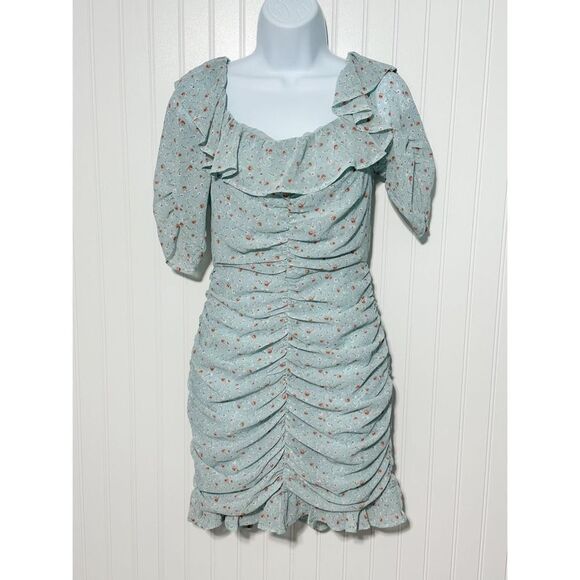 ASTR The Label Womens Ditsy Floral Ruffle Neck Ruched Mini Dress Teal Blue Small - Picture 1 of 11